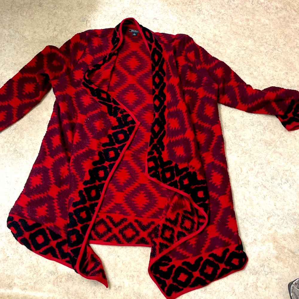 Lucky brand open front cardigan, geometric print, size Large. Cascade lapel